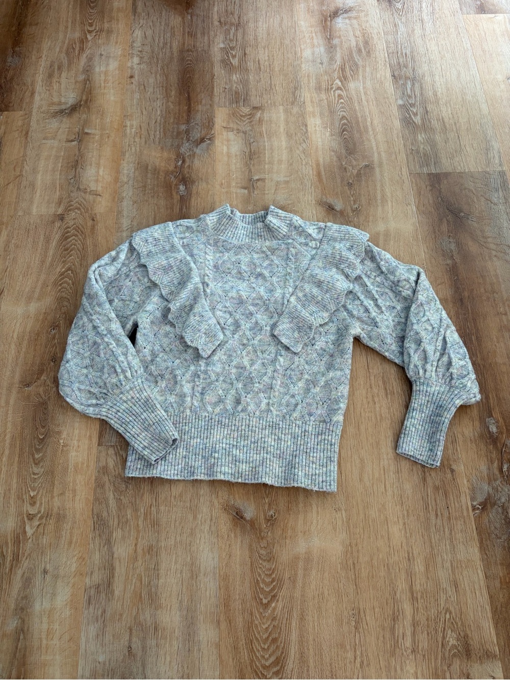SO Cream-Multi Ruffle Cable Knit Crew Sweater